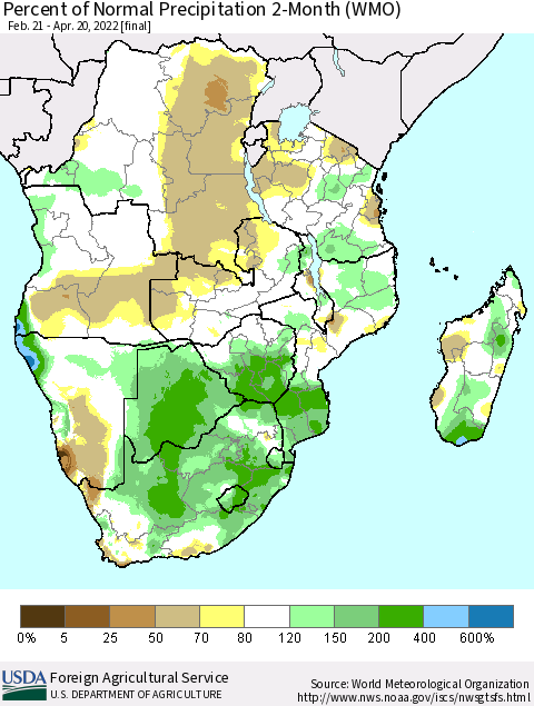 Southern Africa Percent of Normal Precipitation 2-Month (WMO) Thematic Map For 2/21/2022 - 4/20/2022