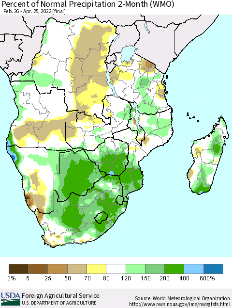 Southern Africa Percent of Normal Precipitation 2-Month (WMO) Thematic Map For 2/26/2022 - 4/25/2022