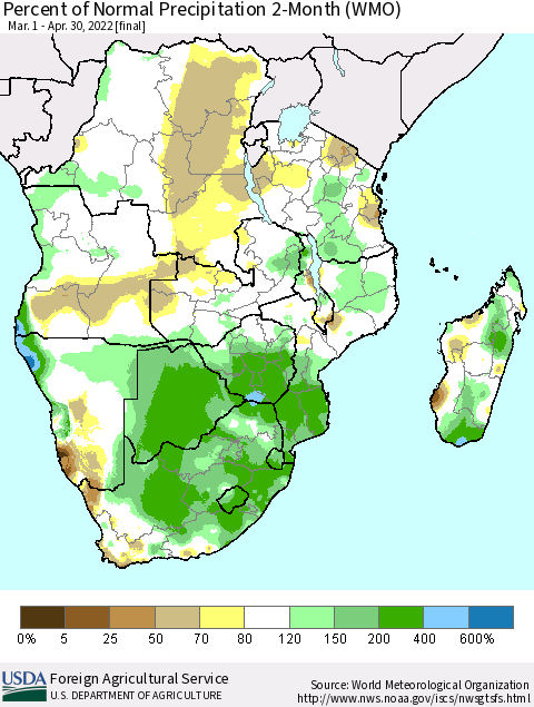 Southern Africa Percent of Normal Precipitation 2-Month (WMO) Thematic Map For 3/1/2022 - 4/30/2022