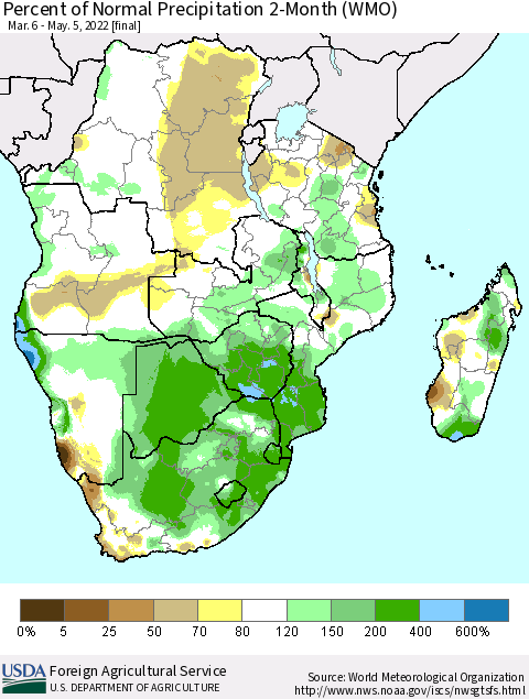 Southern Africa Percent of Normal Precipitation 2-Month (WMO) Thematic Map For 3/6/2022 - 5/5/2022