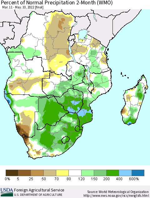 Southern Africa Percent of Normal Precipitation 2-Month (WMO) Thematic Map For 3/11/2022 - 5/10/2022