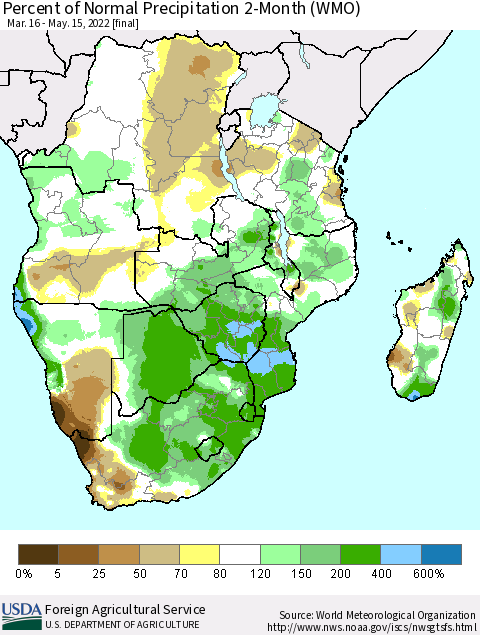 Southern Africa Percent of Normal Precipitation 2-Month (WMO) Thematic Map For 3/16/2022 - 5/15/2022