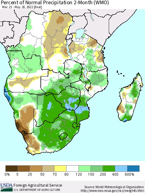 Southern Africa Percent of Normal Precipitation 2-Month (WMO) Thematic Map For 3/21/2022 - 5/20/2022