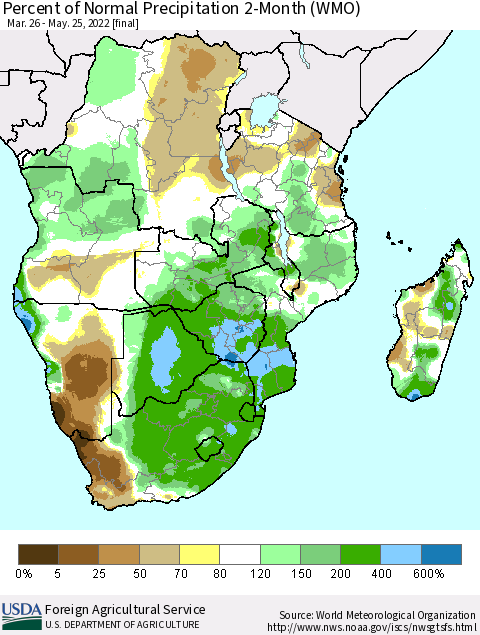 Southern Africa Percent of Normal Precipitation 2-Month (WMO) Thematic Map For 3/26/2022 - 5/25/2022