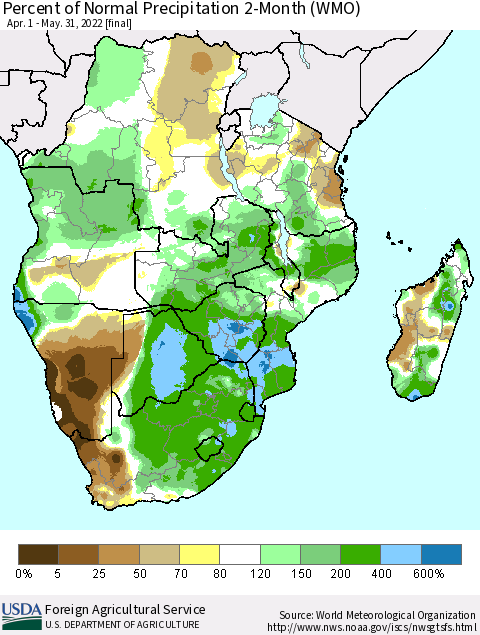 Southern Africa Percent of Normal Precipitation 2-Month (WMO) Thematic Map For 4/1/2022 - 5/31/2022