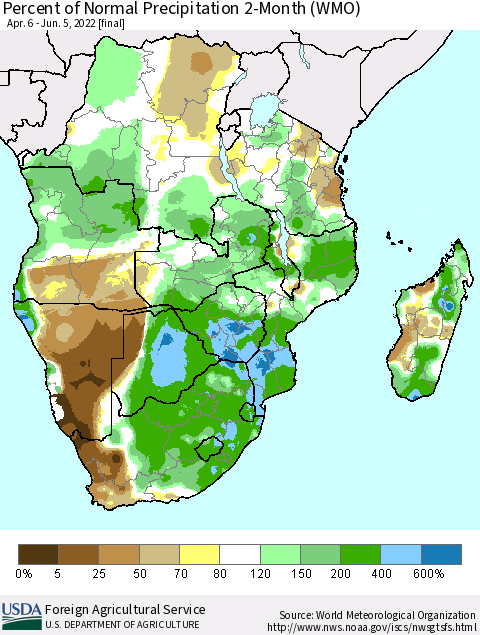 Southern Africa Percent of Normal Precipitation 2-Month (WMO) Thematic Map For 4/6/2022 - 6/5/2022