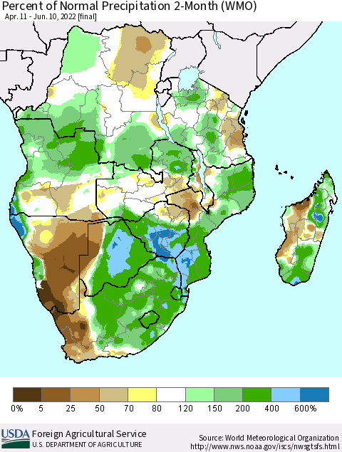 Southern Africa Percent of Normal Precipitation 2-Month (WMO) Thematic Map For 4/11/2022 - 6/10/2022