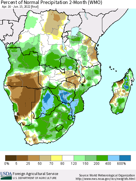 Southern Africa Percent of Normal Precipitation 2-Month (WMO) Thematic Map For 4/16/2022 - 6/15/2022