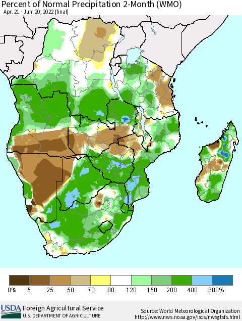 Southern Africa Percent of Normal Precipitation 2-Month (WMO) Thematic Map For 4/21/2022 - 6/20/2022
