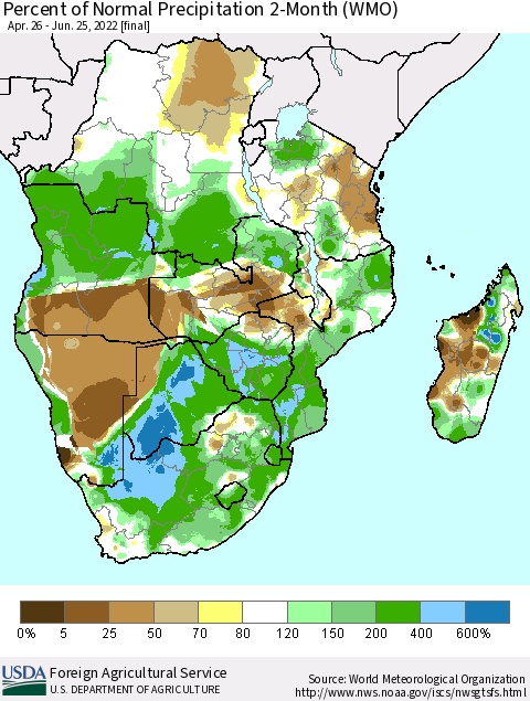 Southern Africa Percent of Normal Precipitation 2-Month (WMO) Thematic Map For 4/26/2022 - 6/25/2022