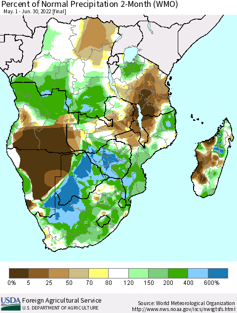 Southern Africa Percent of Normal Precipitation 2-Month (WMO) Thematic Map For 5/1/2022 - 6/30/2022