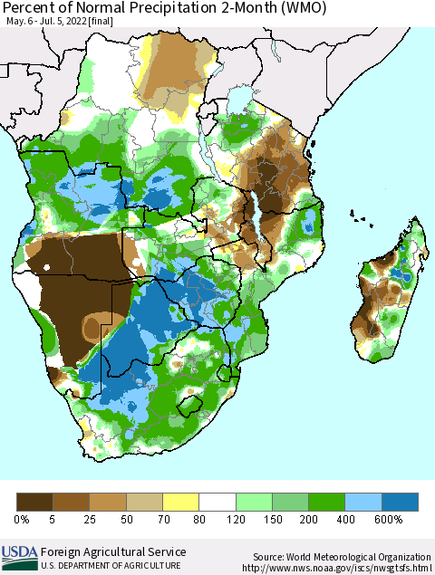 Southern Africa Percent of Normal Precipitation 2-Month (WMO) Thematic Map For 5/6/2022 - 7/5/2022