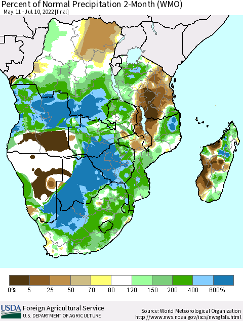 Southern Africa Percent of Normal Precipitation 2-Month (WMO) Thematic Map For 5/11/2022 - 7/10/2022