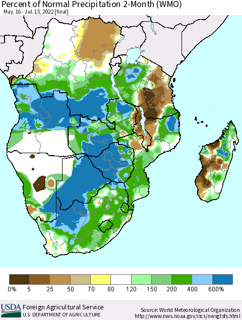 Southern Africa Percent of Normal Precipitation 2-Month (WMO) Thematic Map For 5/16/2022 - 7/15/2022
