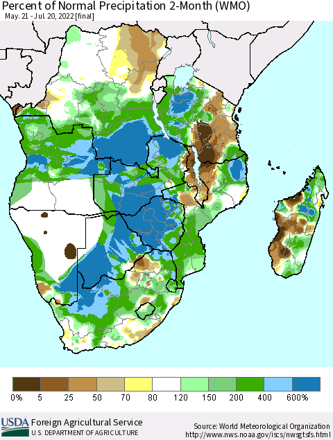 Southern Africa Percent of Normal Precipitation 2-Month (WMO) Thematic Map For 5/21/2022 - 7/20/2022