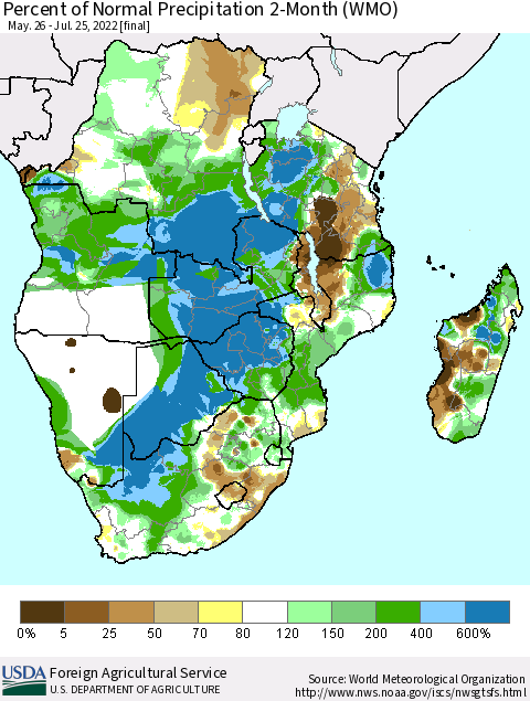 Southern Africa Percent of Normal Precipitation 2-Month (WMO) Thematic Map For 5/26/2022 - 7/25/2022