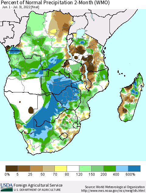 Southern Africa Percent of Normal Precipitation 2-Month (WMO) Thematic Map For 6/1/2022 - 7/31/2022