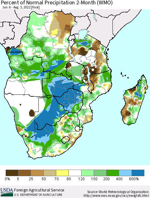 Southern Africa Percent of Normal Precipitation 2-Month (WMO) Thematic Map For 6/6/2022 - 8/5/2022