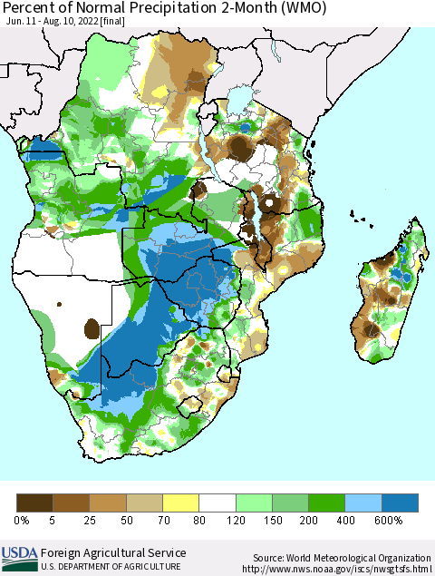 Southern Africa Percent of Normal Precipitation 2-Month (WMO) Thematic Map For 6/11/2022 - 8/10/2022