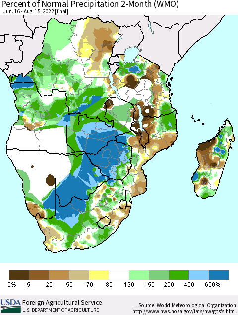 Southern Africa Percent of Normal Precipitation 2-Month (WMO) Thematic Map For 6/16/2022 - 8/15/2022