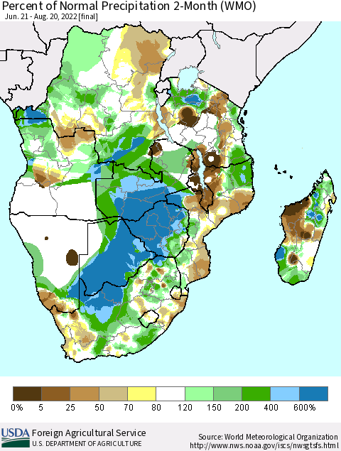 Southern Africa Percent of Normal Precipitation 2-Month (WMO) Thematic Map For 6/21/2022 - 8/20/2022