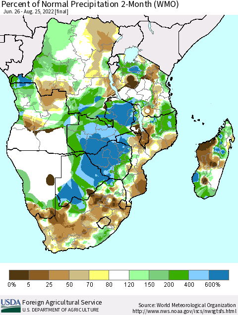 Southern Africa Percent of Normal Precipitation 2-Month (WMO) Thematic Map For 6/26/2022 - 8/25/2022
