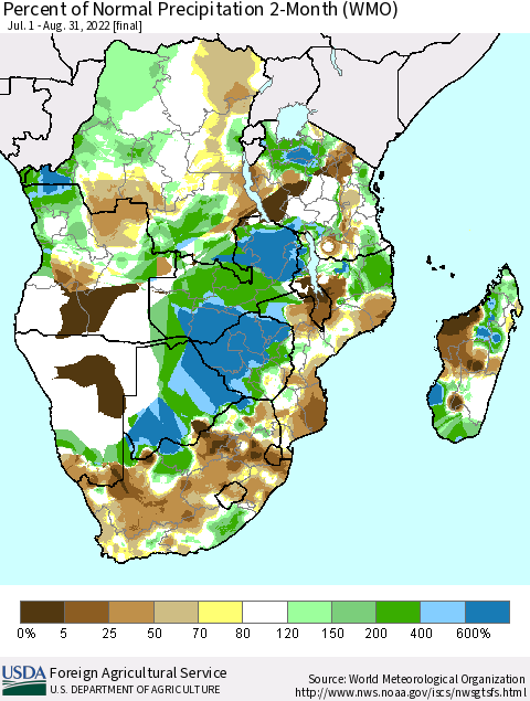 Southern Africa Percent of Normal Precipitation 2-Month (WMO) Thematic Map For 7/1/2022 - 8/31/2022