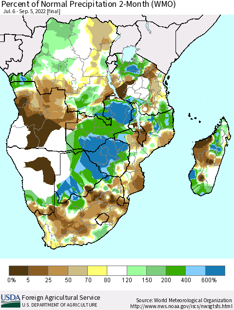 Southern Africa Percent of Normal Precipitation 2-Month (WMO) Thematic Map For 7/6/2022 - 9/5/2022