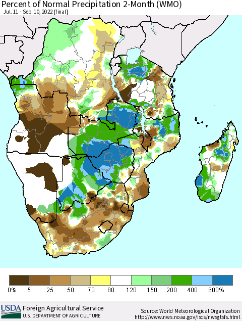Southern Africa Percent of Normal Precipitation 2-Month (WMO) Thematic Map For 7/11/2022 - 9/10/2022