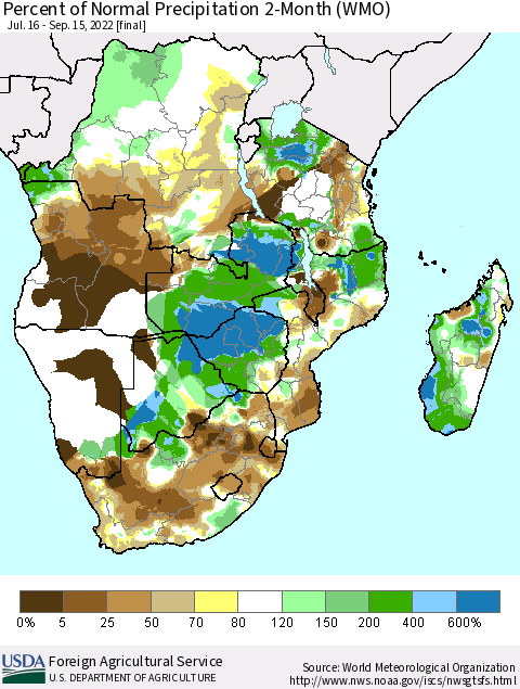 Southern Africa Percent of Normal Precipitation 2-Month (WMO) Thematic Map For 7/16/2022 - 9/15/2022