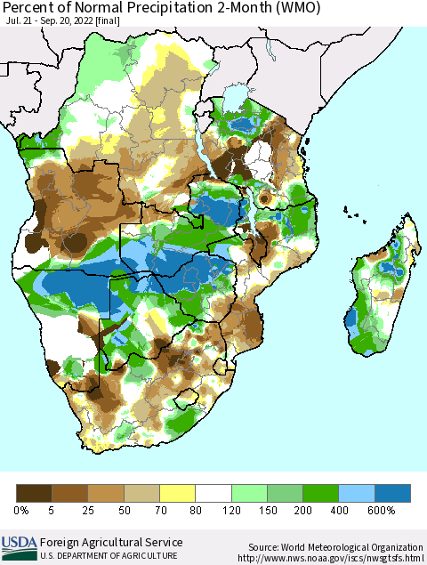Southern Africa Percent of Normal Precipitation 2-Month (WMO) Thematic Map For 7/21/2022 - 9/20/2022