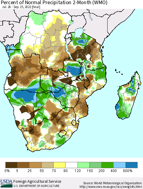Southern Africa Percent of Normal Precipitation 2-Month (WMO) Thematic Map For 7/26/2022 - 9/25/2022