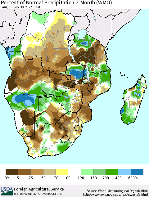 Southern Africa Percent of Normal Precipitation 2-Month (WMO) Thematic Map For 8/1/2022 - 9/30/2022