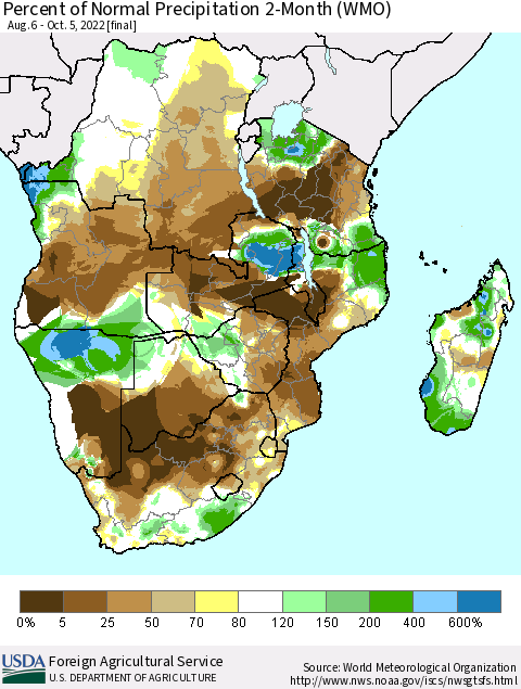 Southern Africa Percent of Normal Precipitation 2-Month (WMO) Thematic Map For 8/6/2022 - 10/5/2022