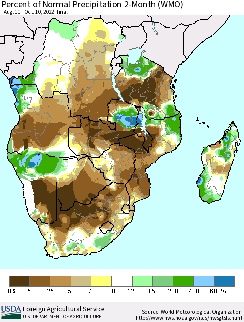Southern Africa Percent of Normal Precipitation 2-Month (WMO) Thematic Map For 8/11/2022 - 10/10/2022