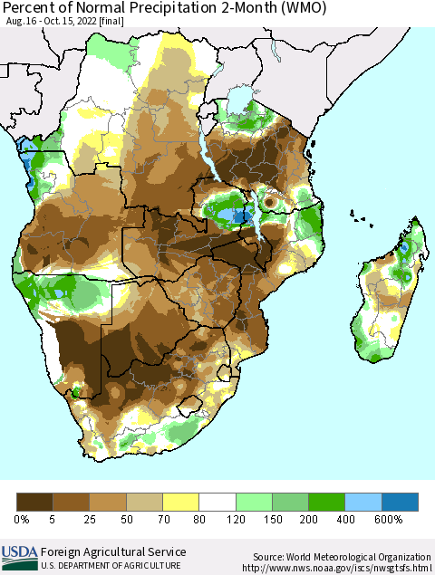Southern Africa Percent of Normal Precipitation 2-Month (WMO) Thematic Map For 8/16/2022 - 10/15/2022