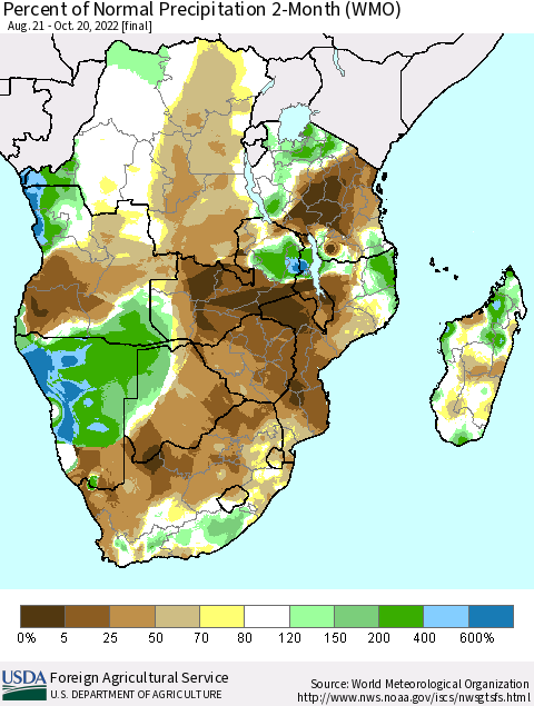 Southern Africa Percent of Normal Precipitation 2-Month (WMO) Thematic Map For 8/21/2022 - 10/20/2022