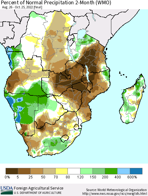 Southern Africa Percent of Normal Precipitation 2-Month (WMO) Thematic Map For 8/26/2022 - 10/25/2022