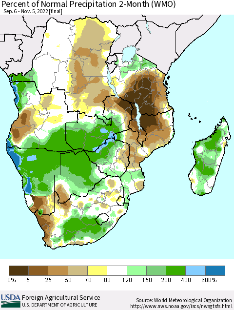 Southern Africa Percent of Normal Precipitation 2-Month (WMO) Thematic Map For 9/6/2022 - 11/5/2022