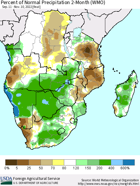 Southern Africa Percent of Normal Precipitation 2-Month (WMO) Thematic Map For 9/11/2022 - 11/10/2022