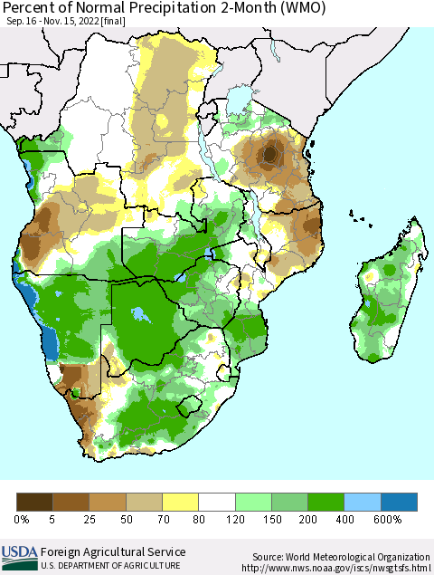 Southern Africa Percent of Normal Precipitation 2-Month (WMO) Thematic Map For 9/16/2022 - 11/15/2022