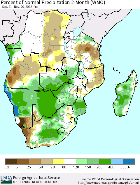 Southern Africa Percent of Normal Precipitation 2-Month (WMO) Thematic Map For 9/21/2022 - 11/20/2022