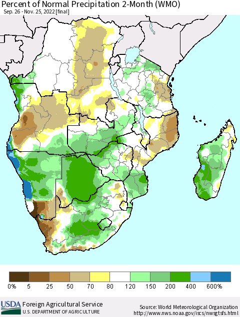 Southern Africa Percent of Normal Precipitation 2-Month (WMO) Thematic Map For 9/26/2022 - 11/25/2022
