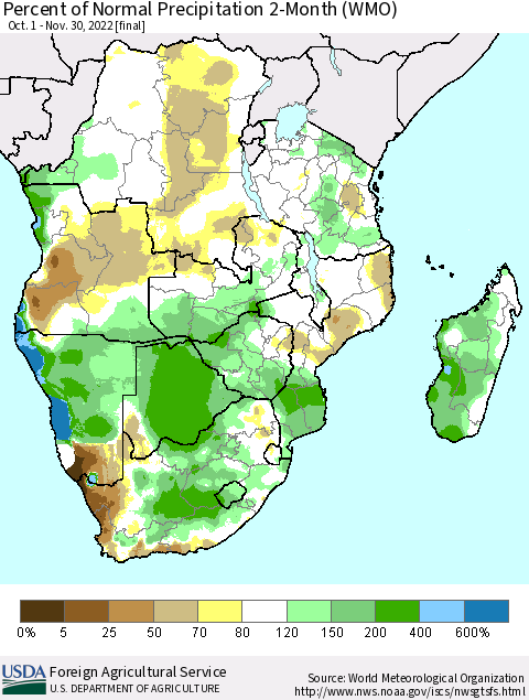 Southern Africa Percent of Normal Precipitation 2-Month (WMO) Thematic Map For 10/1/2022 - 11/30/2022