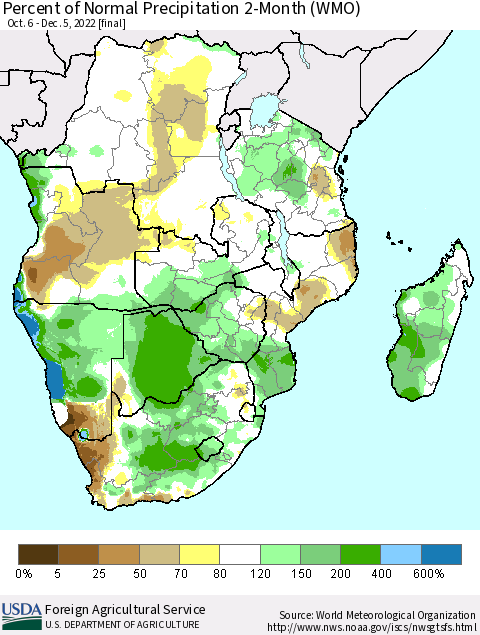 Southern Africa Percent of Normal Precipitation 2-Month (WMO) Thematic Map For 10/6/2022 - 12/5/2022