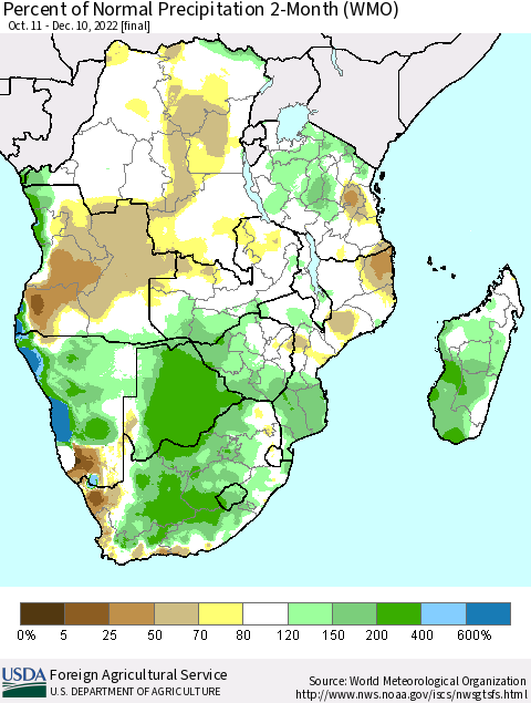 Southern Africa Percent of Normal Precipitation 2-Month (WMO) Thematic Map For 10/11/2022 - 12/10/2022