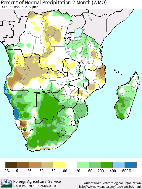 Southern Africa Percent of Normal Precipitation 2-Month (WMO) Thematic Map For 10/16/2022 - 12/15/2022