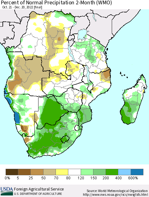 Southern Africa Percent of Normal Precipitation 2-Month (WMO) Thematic Map For 10/21/2022 - 12/20/2022