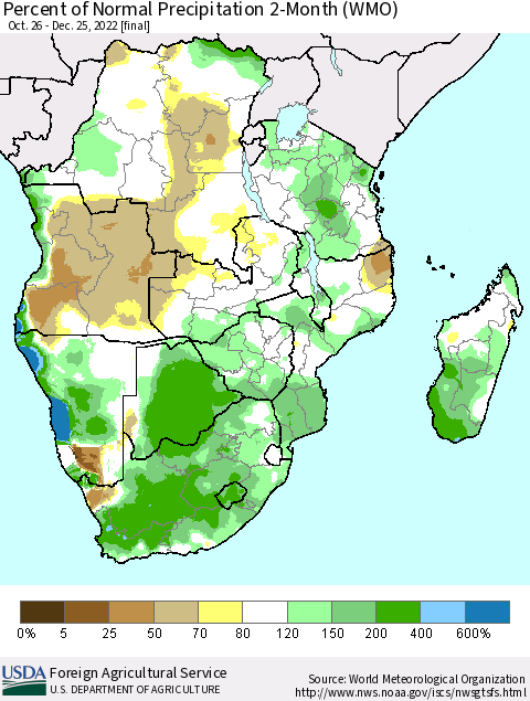 Southern Africa Percent of Normal Precipitation 2-Month (WMO) Thematic Map For 10/26/2022 - 12/25/2022