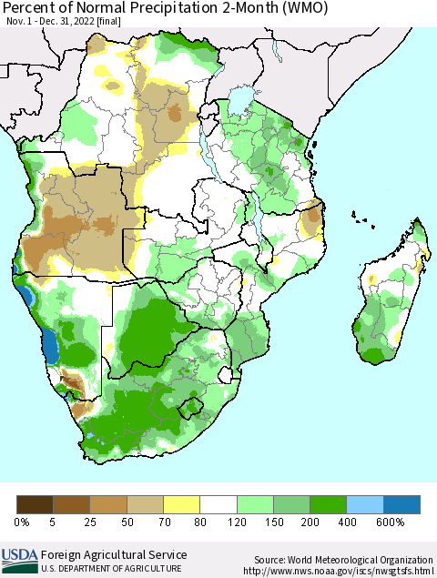 Southern Africa Percent of Normal Precipitation 2-Month (WMO) Thematic Map For 11/1/2022 - 12/31/2022